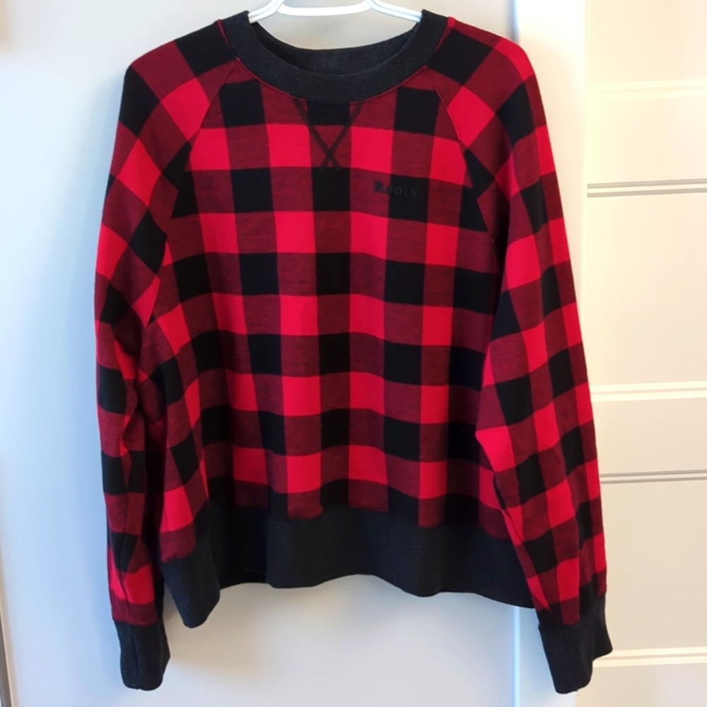 Roots Red and Black Plaid Crew Neck Sweater
